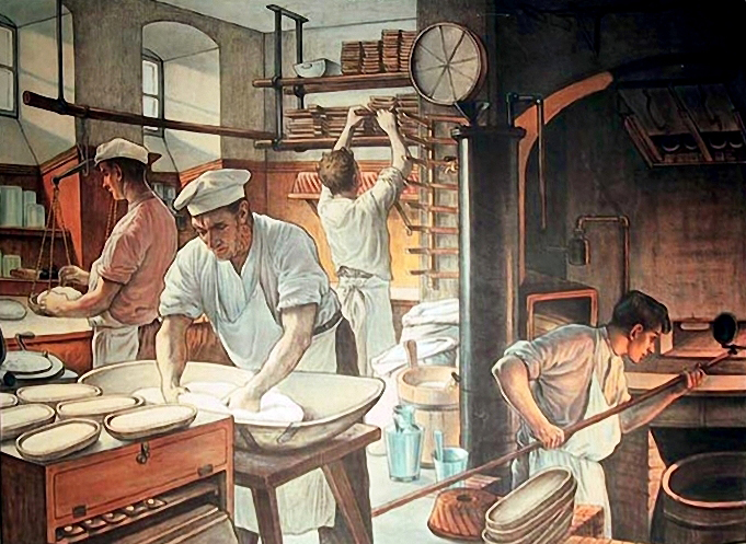 farbige Illustration: Bäcker arbeiten in der Backstube