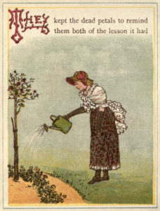 alte Buchillustration: Frau gießt Bäumchen