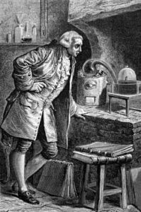 Stich: Chemiker Lavoisier experimentiert mit Sauerstoff