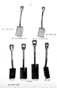 sw-Zeichnung aus Katalog: Forken und Spaten