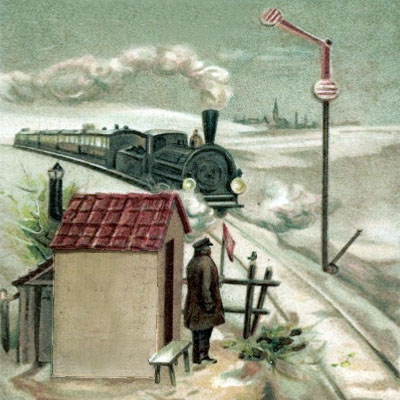 Aquarell: Bahnwart wartet vor seinem Wärterhäuschen auf einen sich nähernden Zug - 1885