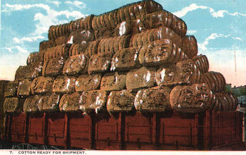 koloriertes Postkarte: viele Baumwollballen auf einem Container