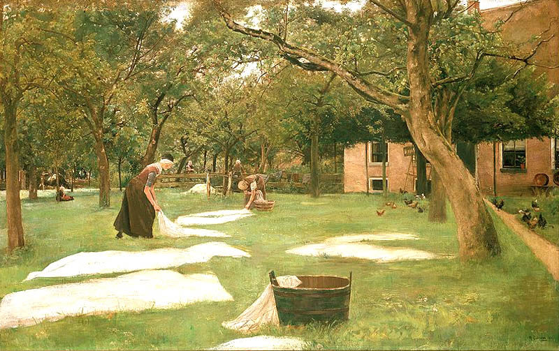 Ölbild. Eine Frau und ein Mann legen Stoffe im Garten auf den Rasen zum Bleichen.