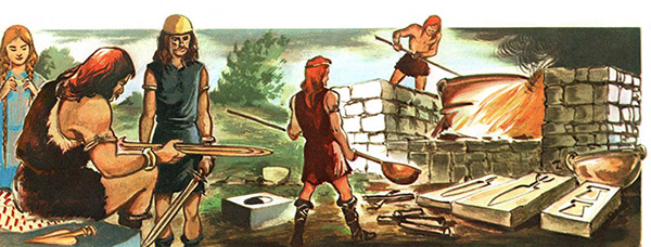farbige Illustration: Bronzegießer vor langer Zeit bei der Arbeit
