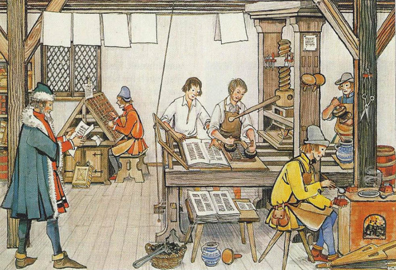 Illustration: Buchdrucker und Setzer in ihrer Werkstatt
