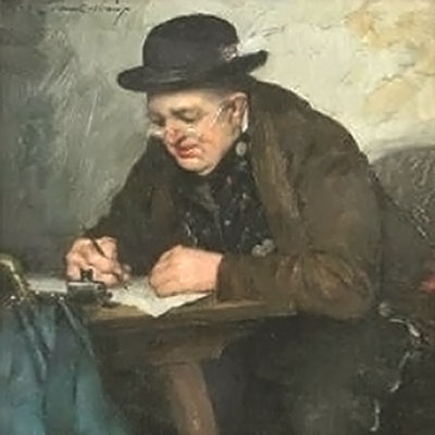 Ölbild: Der Herr Bürgermeister beim Schreiben eines Briefes.
