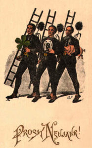 drei Kaminfeger mit Leitern, Hufeisen, Kleeblatt, Ferkel