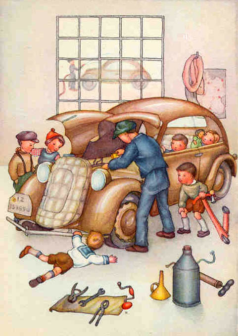 Illustration für Kinder: Automechaniker repariert Auto und Kinder sehen zu