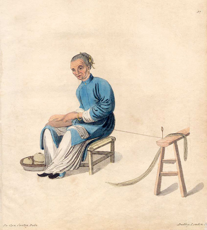 alte Zeichnung: Chinesin dreht Baumwolle
