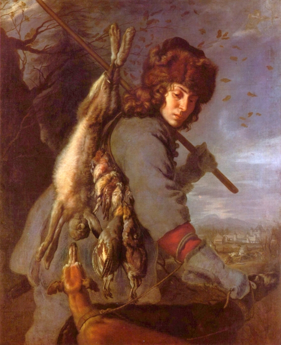 Gemälde: Jäger mit Jagdhund. Mit erlegtem Hasen und Vögeln über der Schulter.