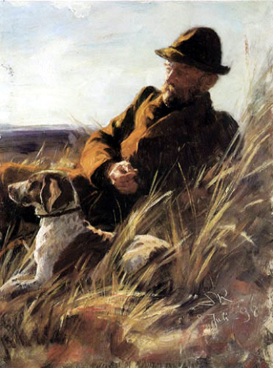 Gemälde: Waidmann mit Hund im Gras