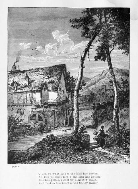 alte sw-Illustration: eine Mühle mit englischem Text