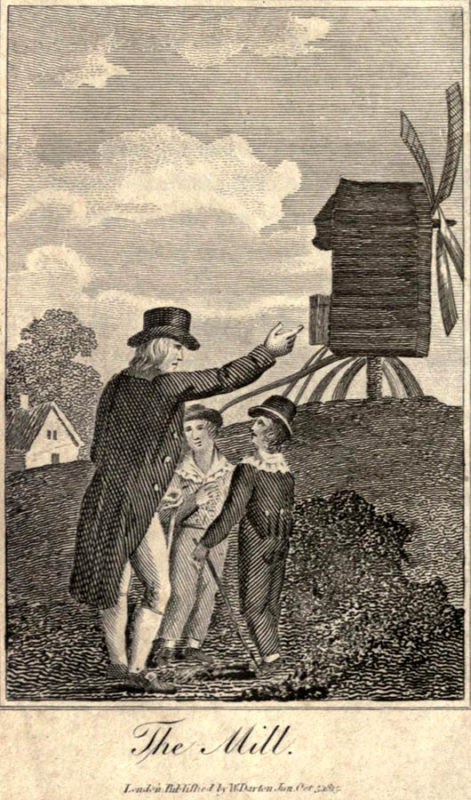 alte Zeichnung: Mann zeigt zwei Kindern die Mühle auf dem Hügel
