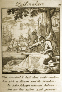 alter Stich von 1750: Seiler bei der Arbeit - dazu niederländischer Text