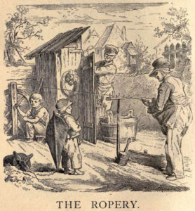 sw-Illustration: drei Seilmacher beim Seildrehen
