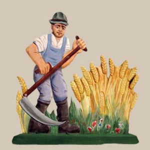 Bauer, Sense, Getreide mähen, Getreidemaat, Holzschnitzarbeit