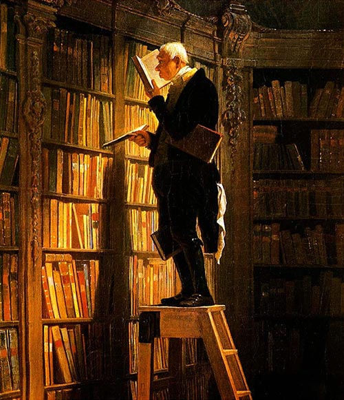 Gemälde: Bibliothekar steht auf Leiter in ein Buch vertieft, vor Bücherregalenei