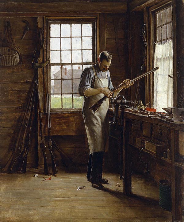 Gemälde: Büchsenschmied in seiner Werkstatt arbeitet an einer Flinte - 1890, USA