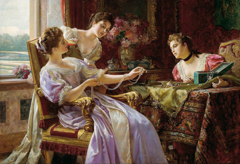 Ölbild: Drei vornehme Damen begutachten 'Das Schatzkästchen' voller Perlenketten und Schmuckstücke