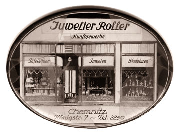 altes sw-Foto mit der Ladenansicht des Juwelier Roller in Chemnitz