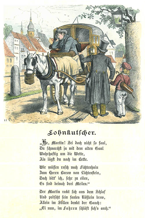 Kolorierter Holzstich: auf Kutschbock schlafender Kutscher, Pferd hat einen Hafersack umgehängt, rechts davor Fahrgast mit Junge