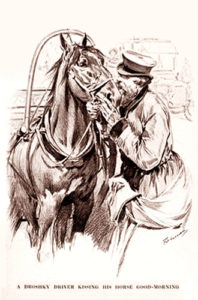 Zeichnung: Droschkenkutscher steht neben seinem Pferd, tätschelt dessen Kopf und redet mit ihm
