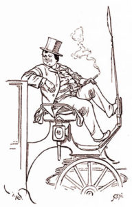 Zeichnung: Lustiger Kutscher raucht auf dem Kutschbock sitzend eine Zigarre, während er auf Kundschaft wartet
