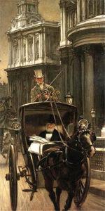 Ölbild: Kutscher lenkt einen Buggy hinten stehend bei Sonnenaufgang durch die Stadt. Herr in Frack und Zylinder liest Zeitung.