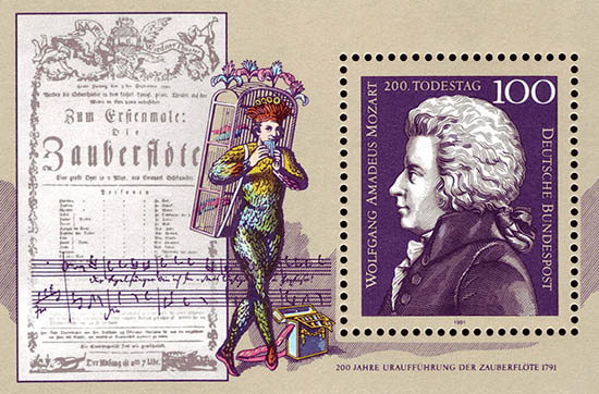 Briefmarke: 200 Jahre Uraufführung der ZAUBERFLÖTE 1791 mit Portrait von Mozart