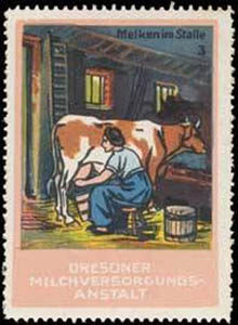 Reklamemarke: Abbildung: Frau melkt Kuh im Stall