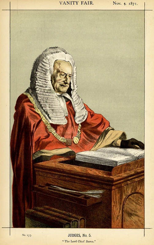 alte Karrikatur Richter mit langer weißer Perücke