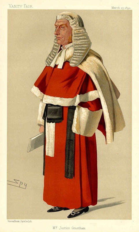Zeichnung: Richter in roter Robe mit weißer langer Perücke