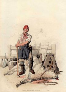 Zeichnung: Metzger steht mit einem Bein auf dem getöteten Rind