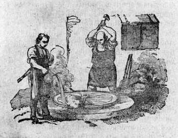sw-Zeichnung: zwei Stellmacher bei der Bearbeitung eines Wagenrades