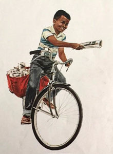Zeichnung: Zeitungsjunge trägt mit Fahrrad Zeitungen aus.