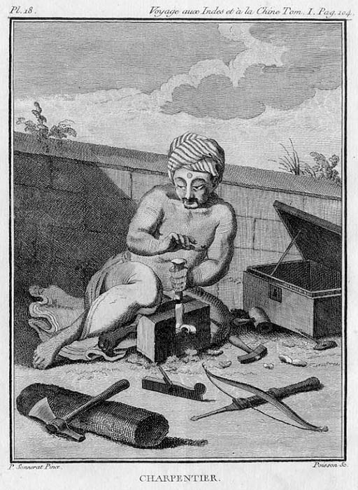 Kupferstich: indischer Zimmermann sitzt auf dem Boden und bearbeitet Holz
