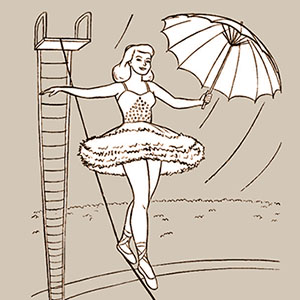 s/w Illustration: Seiltänzerin mit Schirm balanciert über ein Drahtseil
