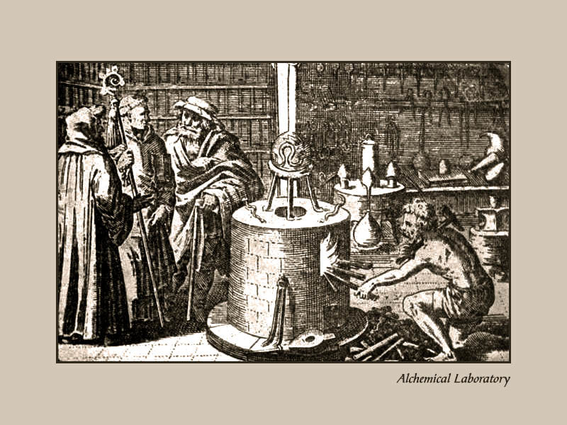 alter Kupferstich: Alchemistisches Laboratorium