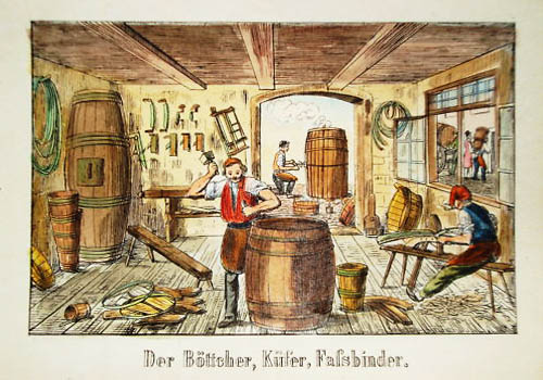 alte farbige Illustration: Böttcher stellen Fässer in der Werkstatt her.