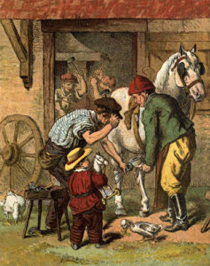 kolorierte Zeichnung: vor der Schmiede weißes Pferd, Bauer und Hufschmied bei Aufschlgen eines Hufeisens, davor kleiner Bub mit Spielzeugpferd