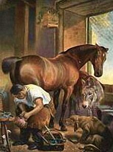Gemälde: Hufschmied beschlägt braunes Pferd, rechts nah daneben Fohlen und davor Hund