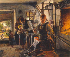 Gemälde: im Vordergund schiedet ein Hufschmied an einem rotglühenden Hufeisen, im Hintergund in der Schmiede zweiter Schmied, drei Kinder sowie Frau mit Baby