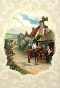 Prägekarte: Reiter auf Pferd kommt auf der Dorfstraße zum Hufschmied