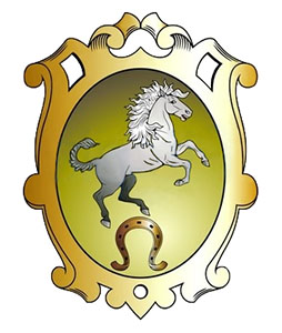 Handwerkszeichen: sich aufbäumendes Pferd, darunter goldenes Hufeisen