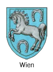 Handwerkszeiche von Wien: Wappen, auf hellblauem Grund weißes, sich aufbäumendes Pferd, darüber und darunter silbernes Hufeisen