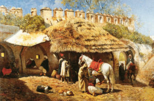Gemälde: strohgedeckte Hufschmiede an einer Stadtmauer, inmitten von beduinischen Händlern kümmert sich der Hufschmied um ein weißes Pferd