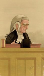 farbige Zeichnung: bebrillter Richter mit Zopfperrücke lächelt und macht eine Geste mit der Hand