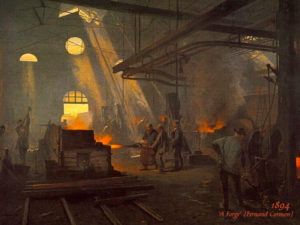 Gemälde: Im Inneren einer industrieller Großschmiede am Ende des 19. Jahrhunderts