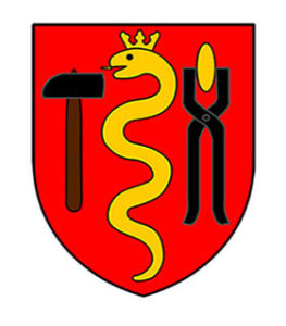 Wappen mit links Hammer, mittig gekrönte gelbe sich aufwärts schlängelnder Schlange und rechts Zange mit gelbem Eisenstück auf rotem Grund