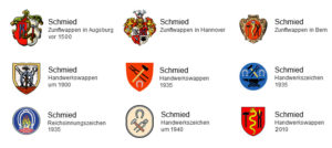 9 verschiedene Zunftwappen und Handwerkszeichen der Schmied von 1500 bis 2010 - allen gemeinsam: Hammer, Zange, Hufeisen, 3x mittig Schlange mit Krone